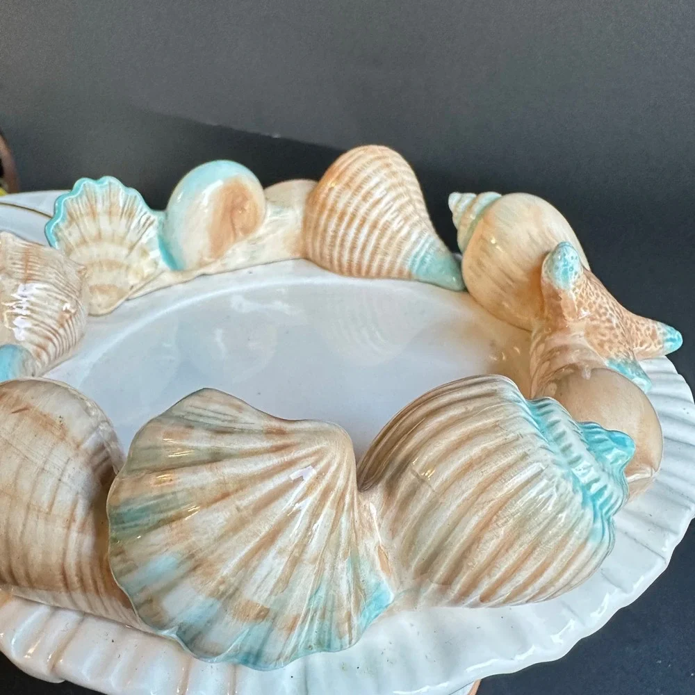 Fitz and Floyd Seashell Compote Footed Bowl Coastal Beach Decor Cream Peach Aqua